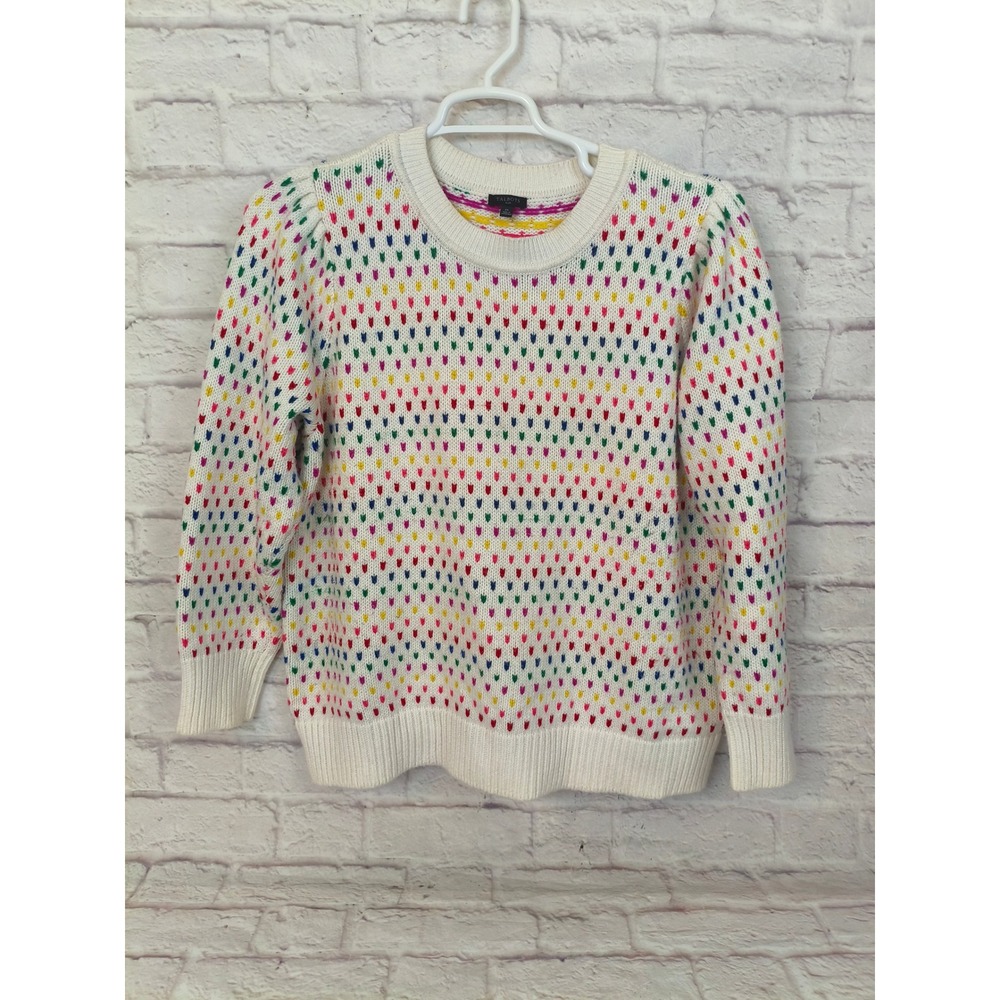Talbots Plus Rainbow Heart Fair Isle Crewneck Sweater 2X White Cotton Blend